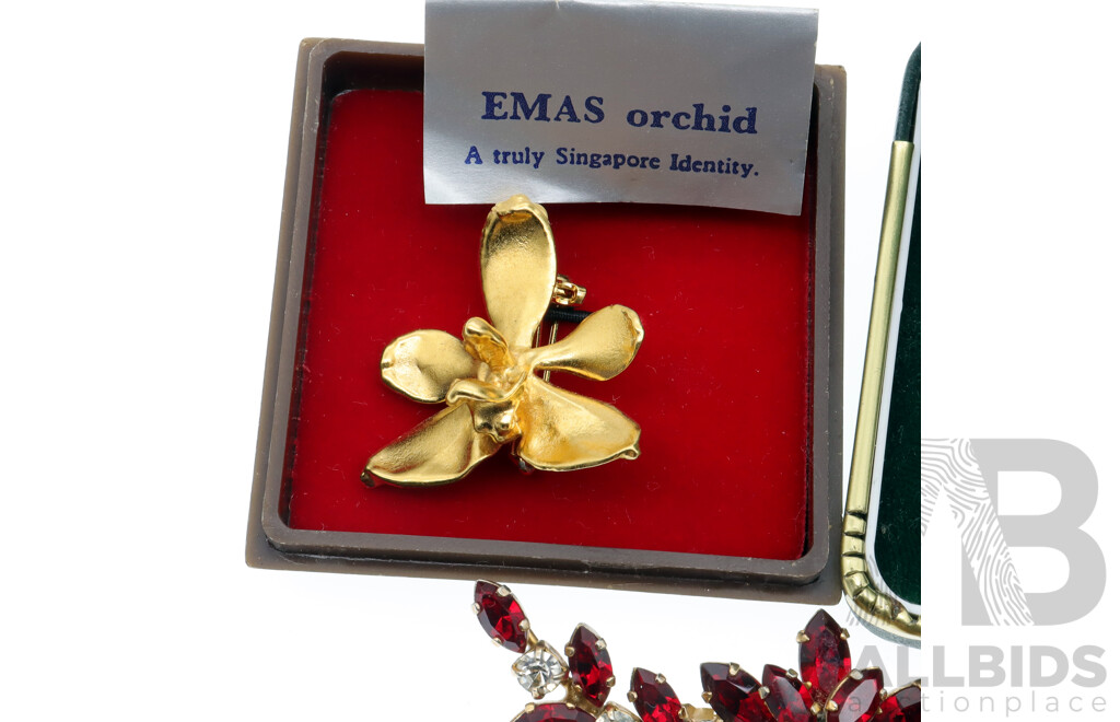 Collection of Vintage Gold Plated Brooch Pins Including EMAS Orchid From Singapore & Angel Tie Pin From the Perth Mint