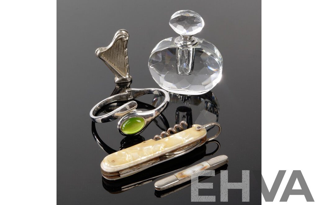 Vintage (2) Pocket Knives, Impulse Watch Bangle, Harp Ornament & Perfume Bottle