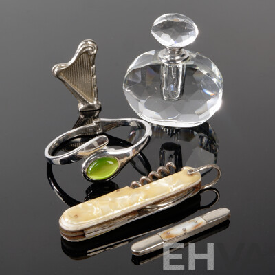 Vintage (2) Pocket Knives, Impulse Watch Bangle, Harp Ornament & Perfume Bottle