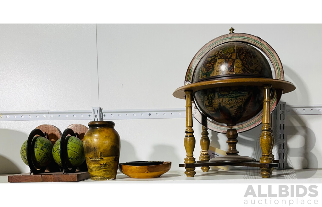 Collection of Wooden Homeware Including Old-fashioned Globe, Globe Themed Bookends, Decorated Vase and More