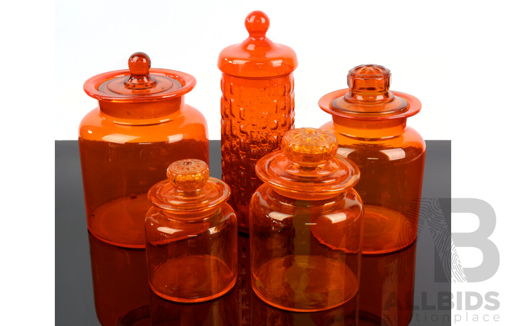 Collection Retro Orange Glass Lidded Bathroom Jars