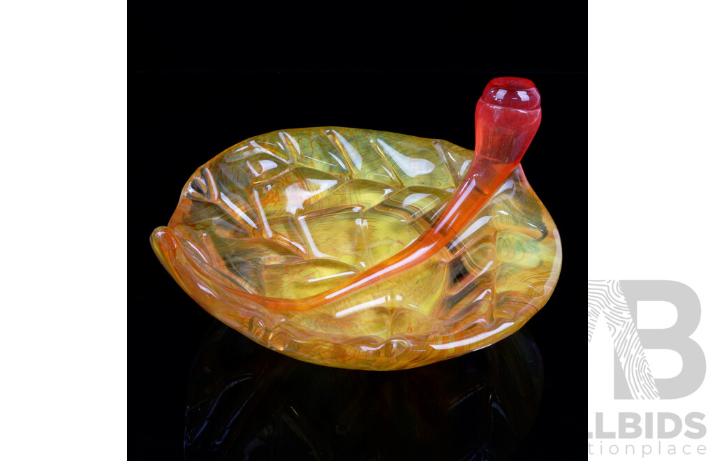 Retro Art Glass Leaf Form Dish with Internal Orange Swirl Detail