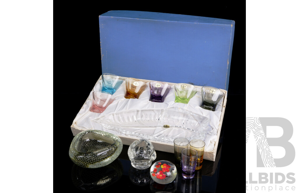 Collection Mid Century Glass Wear Including Boxed Japanese Set, Murano Controlled Bubble Dish, Frosted Glass Snowball Votive and More