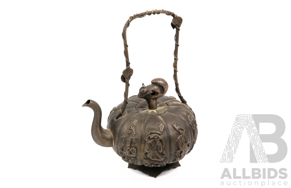 Antique Asian White Metal Teapot with Squirrel Form Finial, Early 20th Century