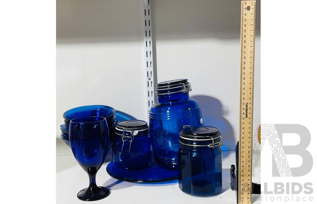 Collection of Vintage Blue Glass Kitchenware Including Set of Three Jars, Graduating Conical Bowls and More