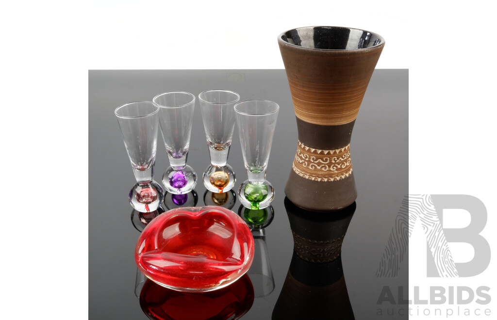 Set Mid Century Four Harlequin Based Shot Glasses Along with Murano Glass Style Ashtray & Mid Century West German Ceramic Vase