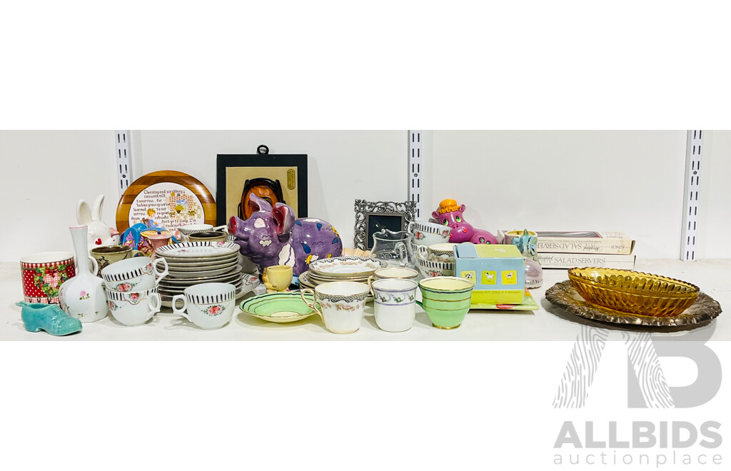 Collection of Decorative Homeware Including Porcelain Cups and Plates, Decorative Coin Banks and More