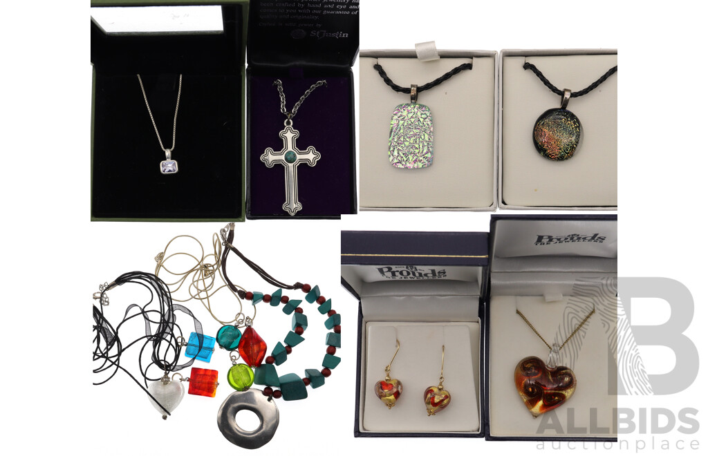 Boxed Assortment of Artisan Art Glass Pendants & Earrings, Pewter Cross and Beads