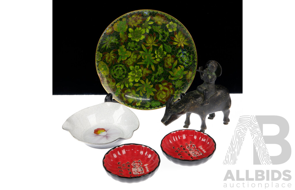 Collection Asian Decorator Items Including Chinese Cloisonne Plate, Bronze Child on Buffalo Figure and More