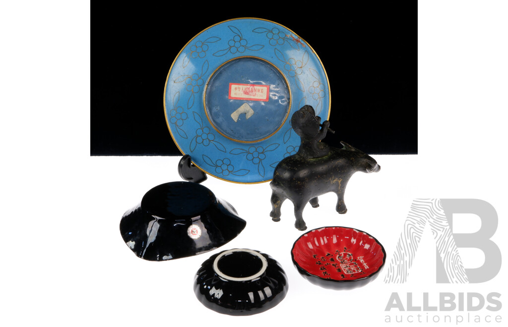 Collection Asian Decorator Items Including Chinese Cloisonne Plate, Bronze Child on Buffalo Figure and More