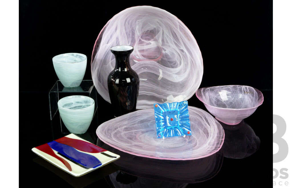 Collection Art Glass Including Three Matching Pink Triangular From Dishes