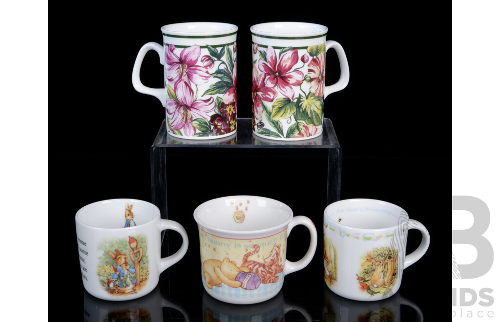 Collection Five Porcelain Mugs Comprising Pair Royal Doulton Examples, Royal Doulton Winnie the Pooh Example & Two Wedgwood Peter Rabbit Examples