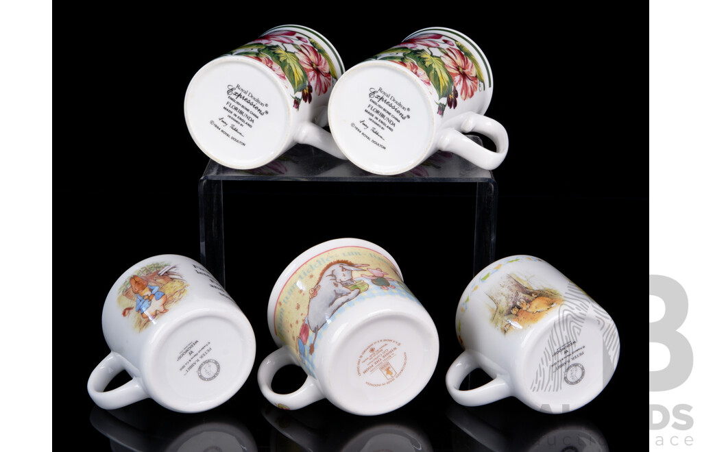 Collection Five Porcelain Mugs Comprising Pair Royal Doulton Examples, Royal Doulton Winnie the Pooh Example & Two Wedgwood Peter Rabbit Examples