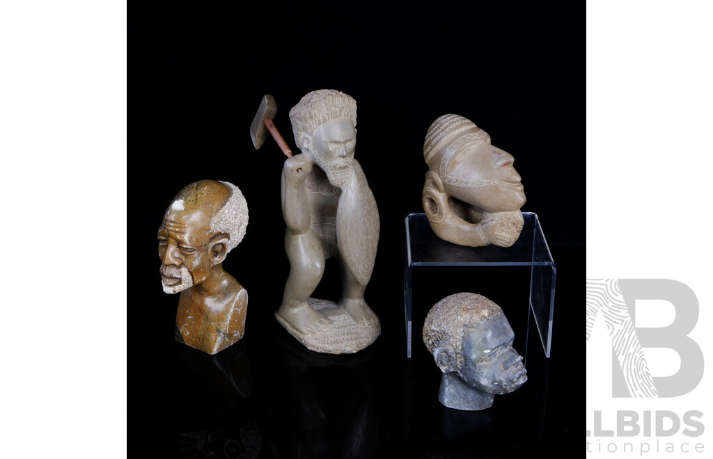 Collection Four Hand Carved Stone Statues Comprising Solomon Island NguzuNguzu and Warrior Examples & Two African Male Busts