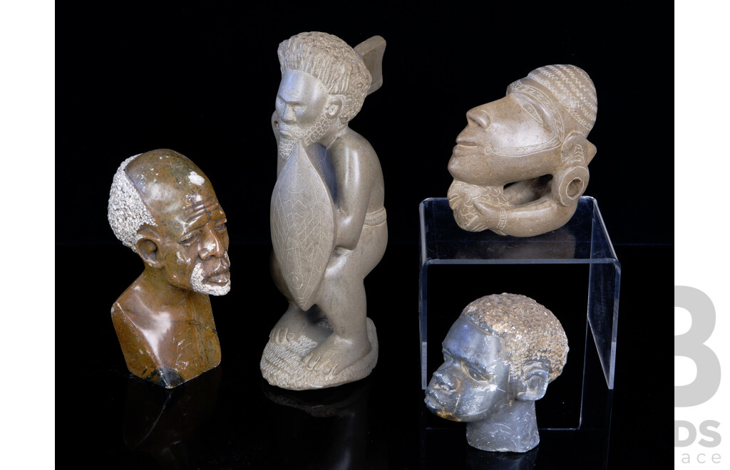 Collection Four Hand Carved Stone Statues Comprising Solomon Island NguzuNguzu and Warrior Examples & Two African Male Busts