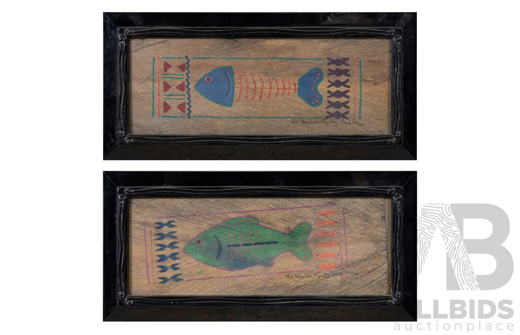 Ika Vakalolo, (Date Unknown), Fiji by Sea, Pair of Unique Vintage Fijian Fish Images, Mixed Media and Paint on Natural Tapa Cloth, 14 x 29.5 cm (frames) (2)