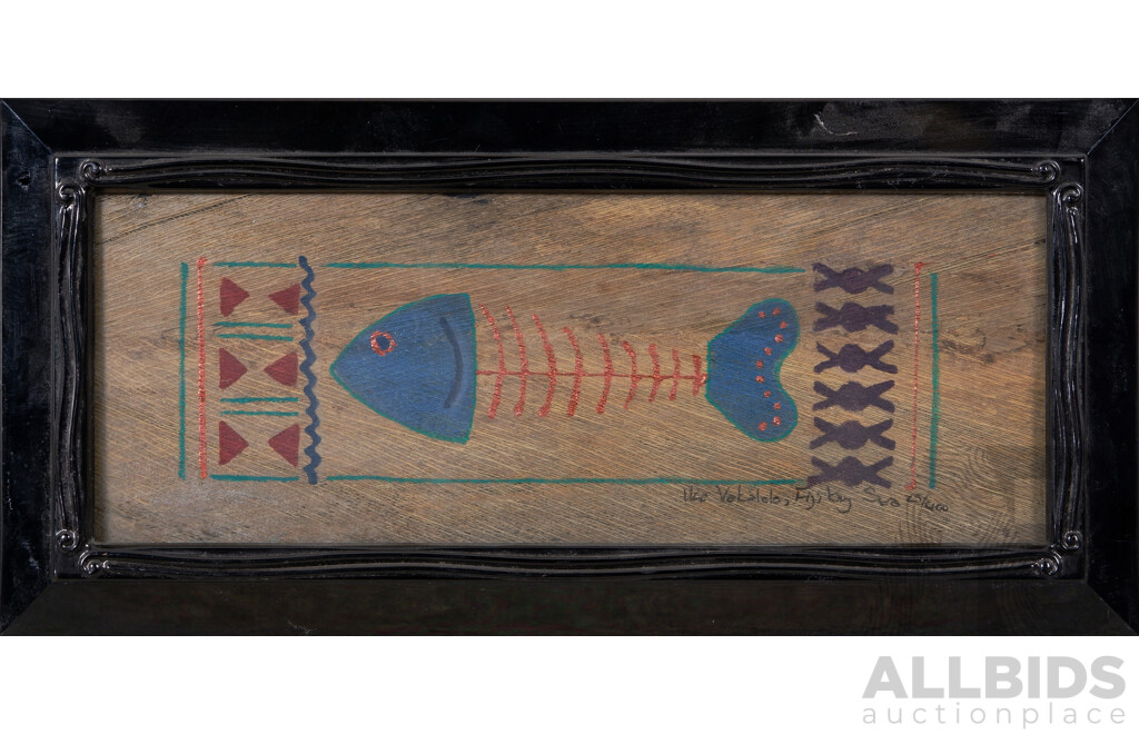 Ika Vakalolo, (Date Unknown), Fiji by Sea, Pair of Unique Vintage Fijian Fish Images, Mixed Media and Paint on Natural Tapa Cloth, 14 x 29.5 cm (frames) (2)