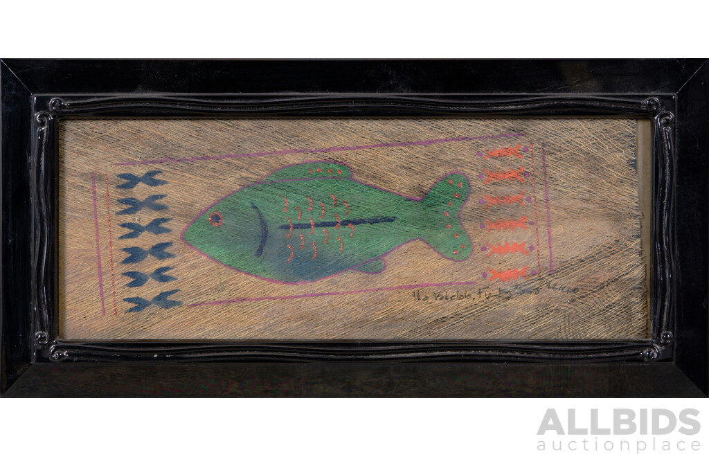 Ika Vakalolo, (Date Unknown), Fiji by Sea, Pair of Unique Vintage Fijian Fish Images, Mixed Media and Paint on Natural Tapa Cloth, 14 x 29.5 cm (frames) (2)