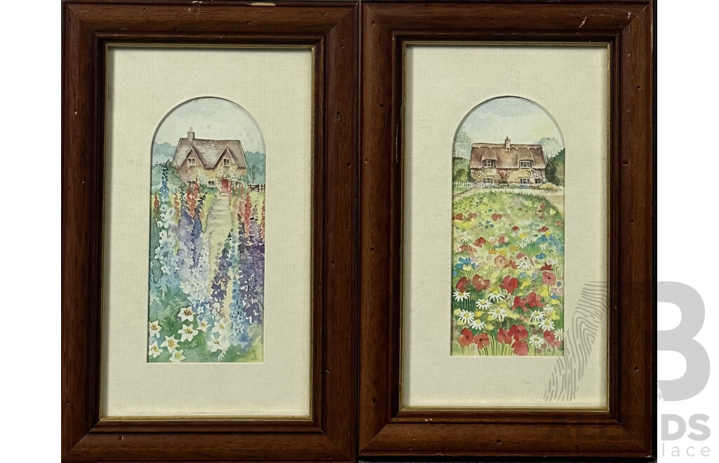 Artist Unknown, Pair of Lovely English Manor Houses with Flower Gardens, Vintage Quality Colour Prints of the Originals, 28 x 18 cm (frames) (2)