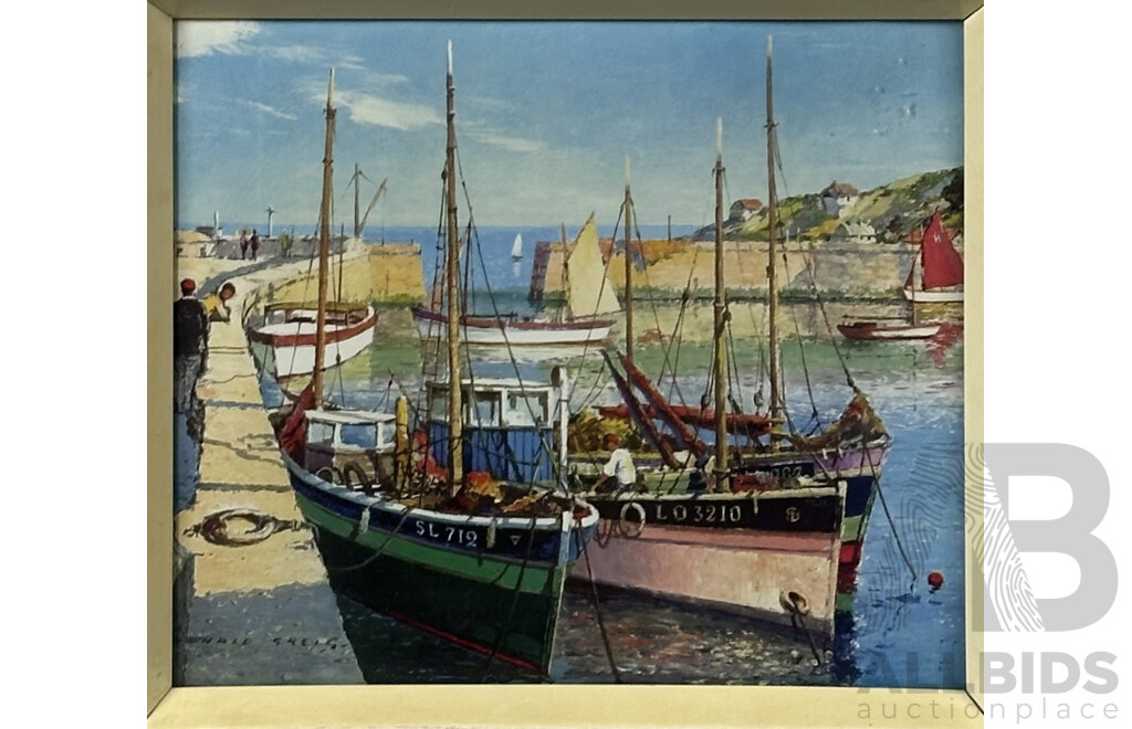 Donald Greig, (20th Century, British, 1916-2009), Gay Harbour, Cornwall, Offset Litho Reproduction Print, 33 x 38 cm (frame)