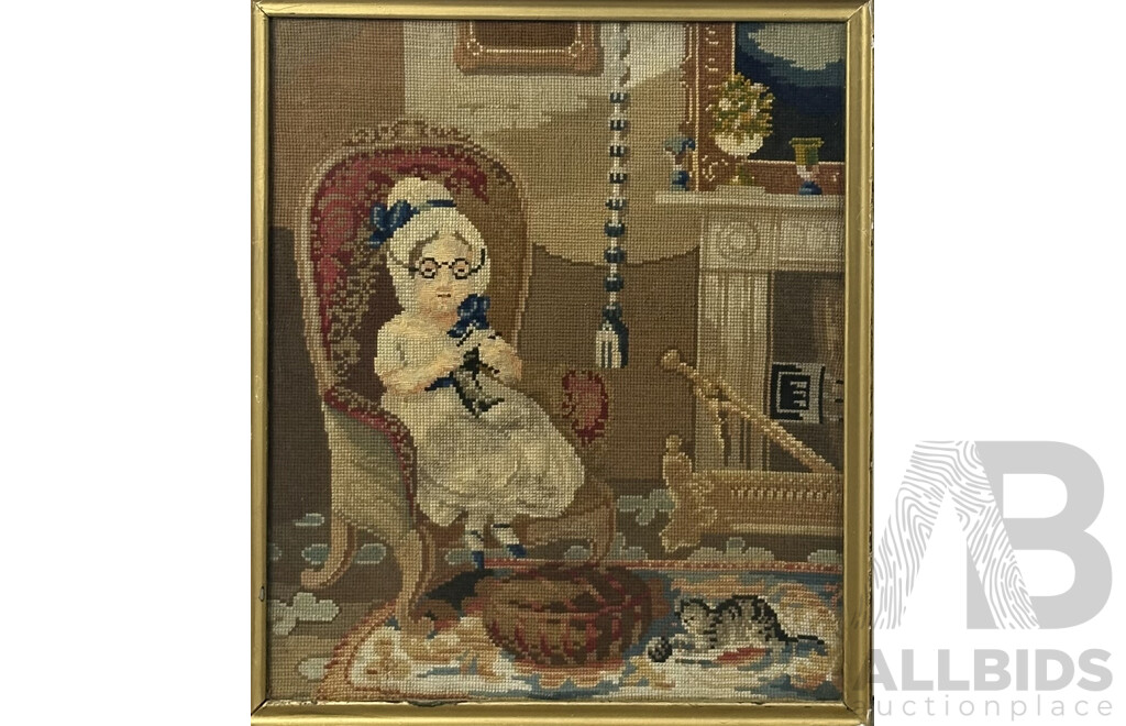 Artist Unknown, Old Lady Knitting with Cat, Sweet Vintage English Tapestry, 45 x 38 cm (frame)