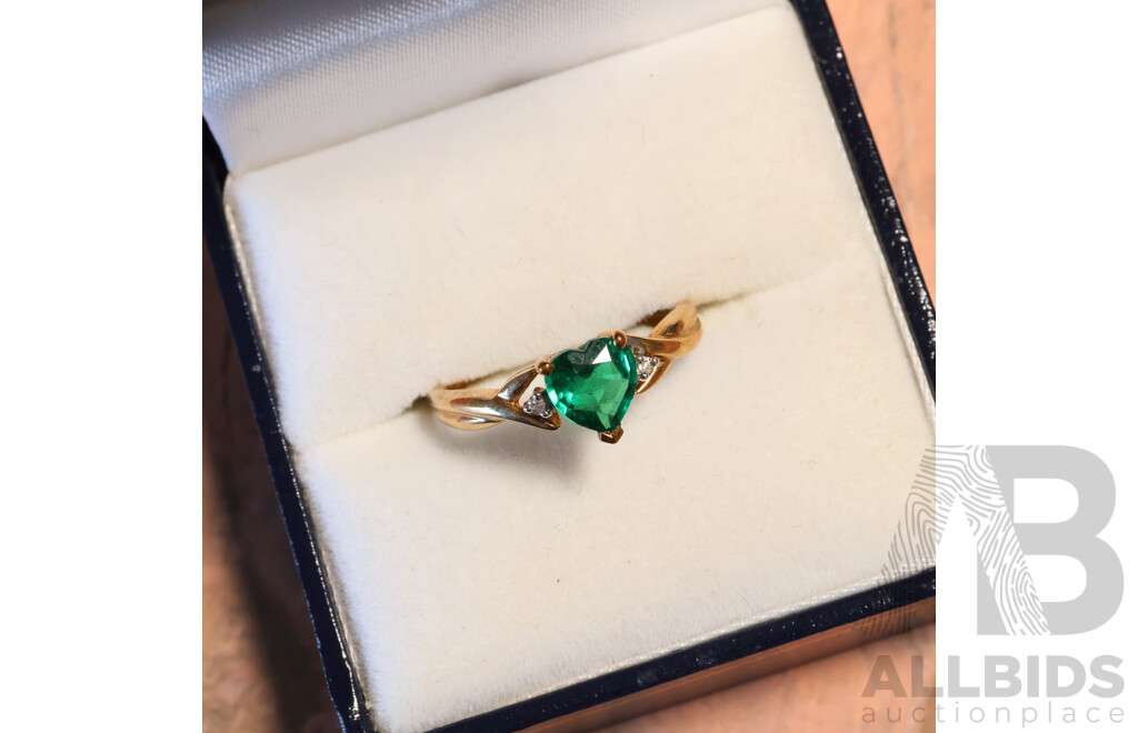 9ct Prouds Created Heart Shaped Emerald & Diamond Set Ring, TDW 0.01ct, Size M, 1.49 Grams