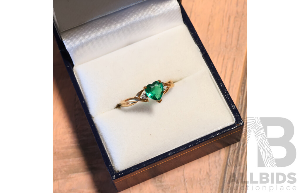 9ct Prouds Created Heart Shaped Emerald & Diamond Set Ring, TDW 0.01ct, Size M, 1.49 Grams