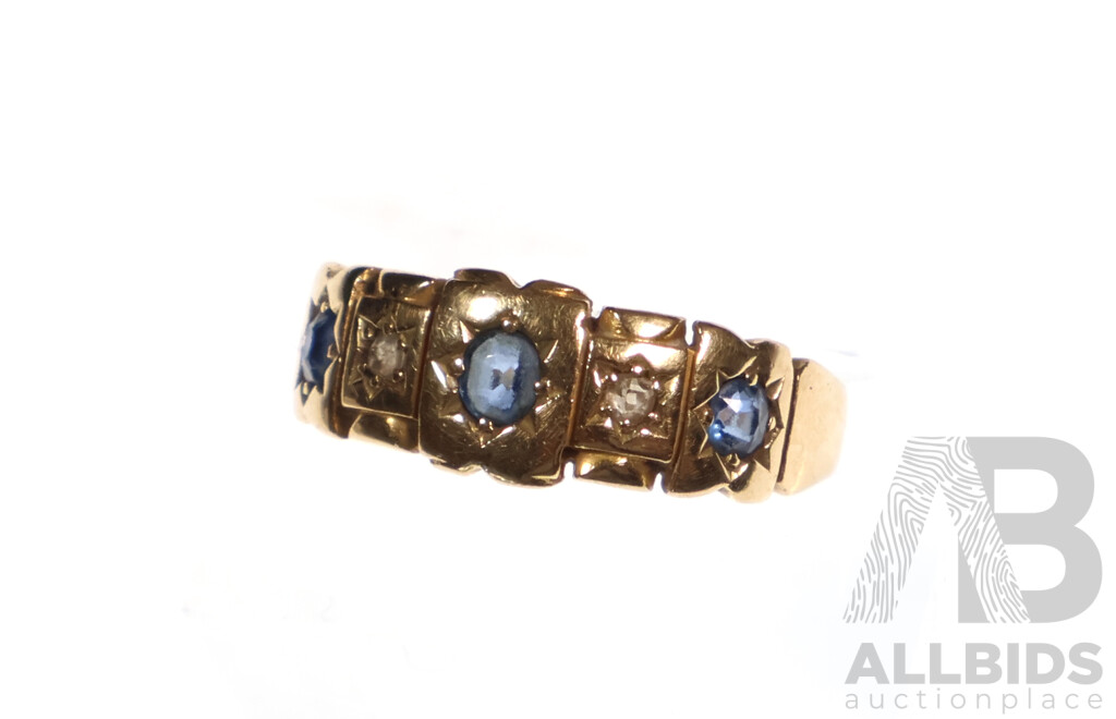 15ct Antique Sapphire & Diamond Gypsy Ring, Size L, 3.16 Grams