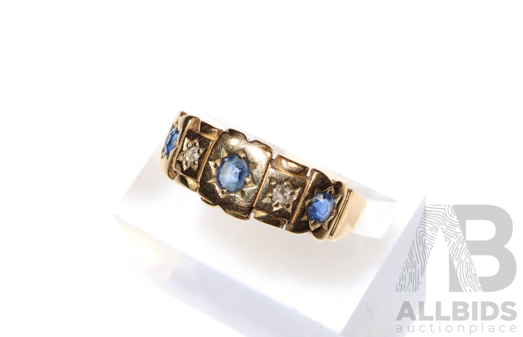 15ct Antique Sapphire & Diamond Gypsy Ring, Size L, 3.16 Grams