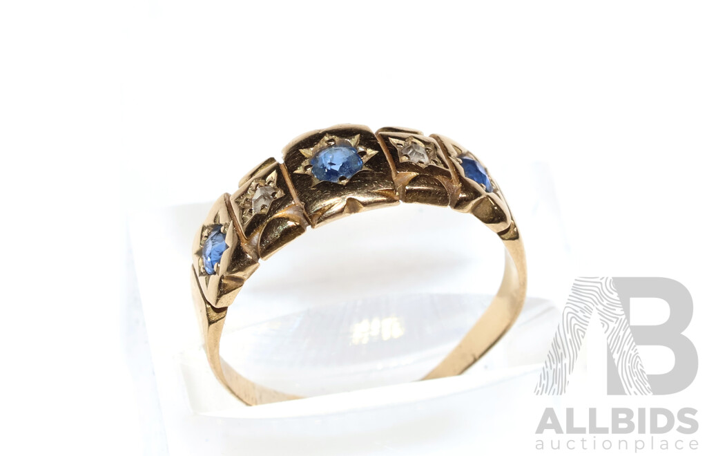 15ct Antique Sapphire & Diamond Gypsy Ring, Size L, 3.16 Grams