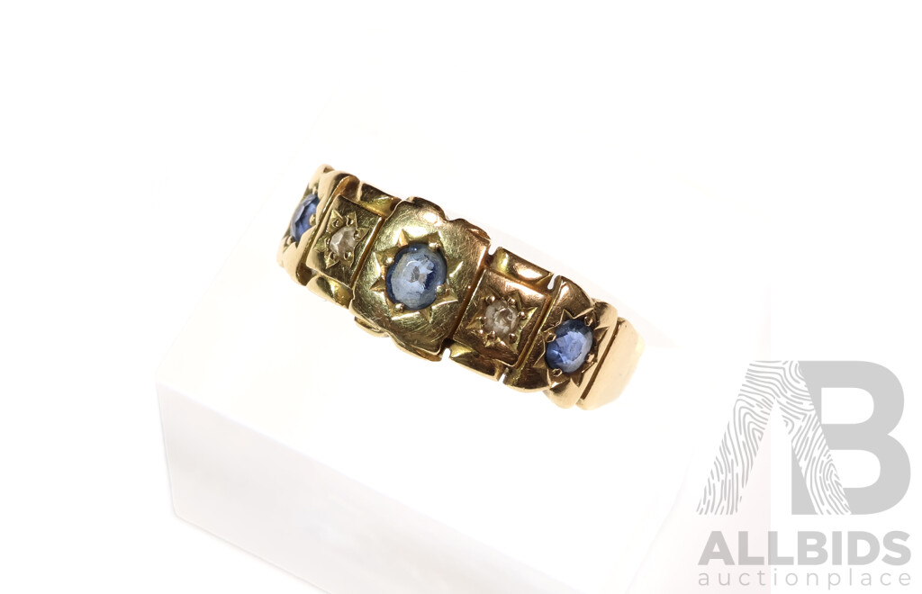 15ct Antique Sapphire & Diamond Gypsy Ring, Size L, 3.16 Grams