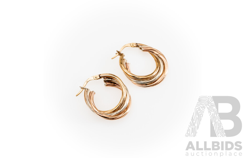 9ct Tri Coloured Hoop Earrings, 24mm, 2.06 Grams