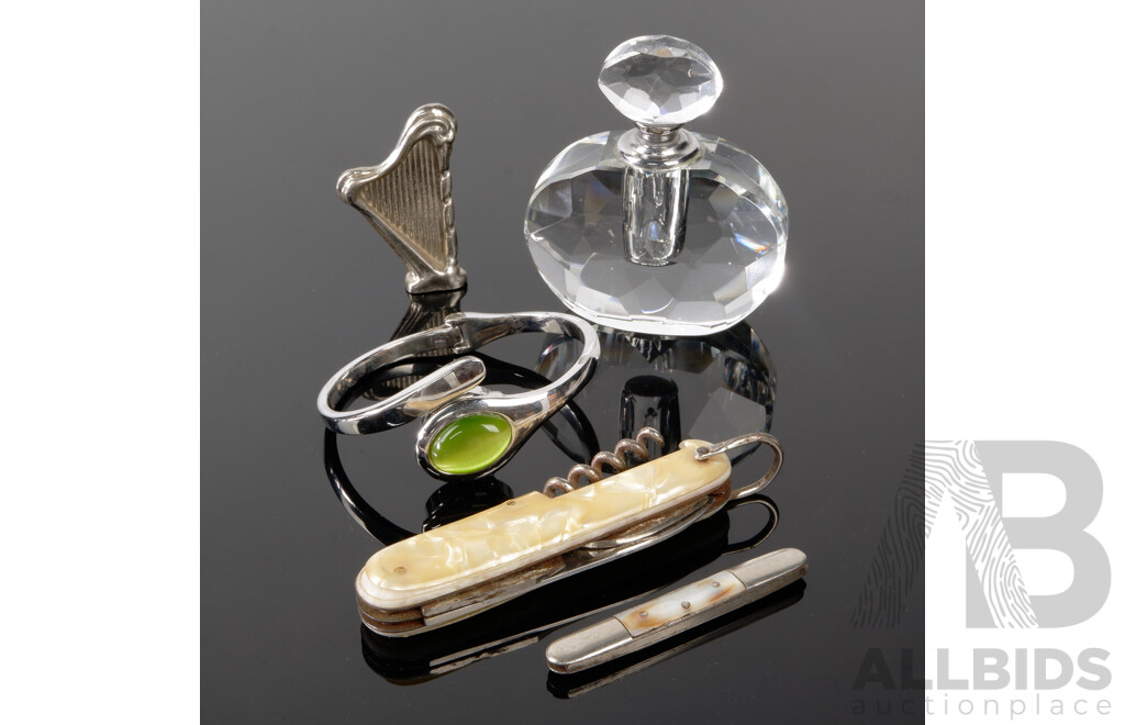 Vintage (2) Pocket Knives, Impulse Watch Bangle, Harp Ornament & Perfume Bottle