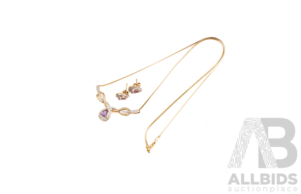 Prouds 9ct Amethyst & Diamond Matching Necklace & Stud Earrings Set, TDW 0.025ct, 45cm, 5.39 Grams