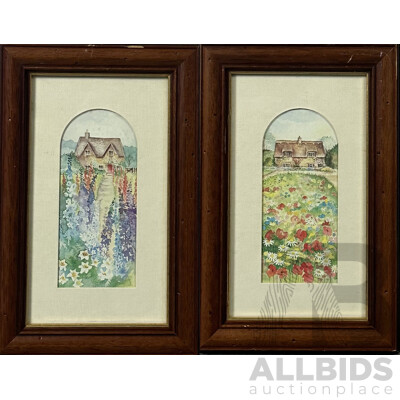 Artist Unknown, Pair of Lovely English Manor Houses with Flower Gardens, Vintage Quality Colour Prints of the Originals, 28 x 18 cm (frames) (2)