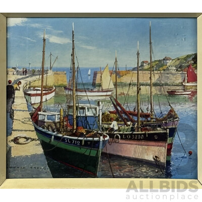 Donald Greig, (20th Century, British, 1916-2009), Gay Harbour, Cornwall, Offset Litho Reproduction Print, 33 x 38 cm (frame)