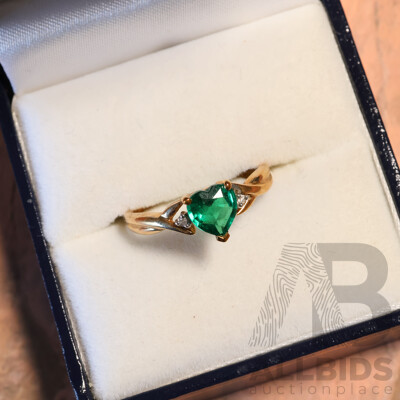 9ct Prouds Created Heart Shaped Emerald & Diamond Set Ring, TDW 0.01ct, Size M, 1.49 Grams