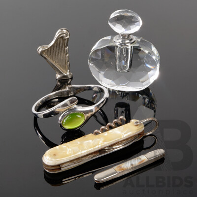 Vintage (2) Pocket Knives, Impulse Watch Bangle, Harp Ornament & Perfume Bottle