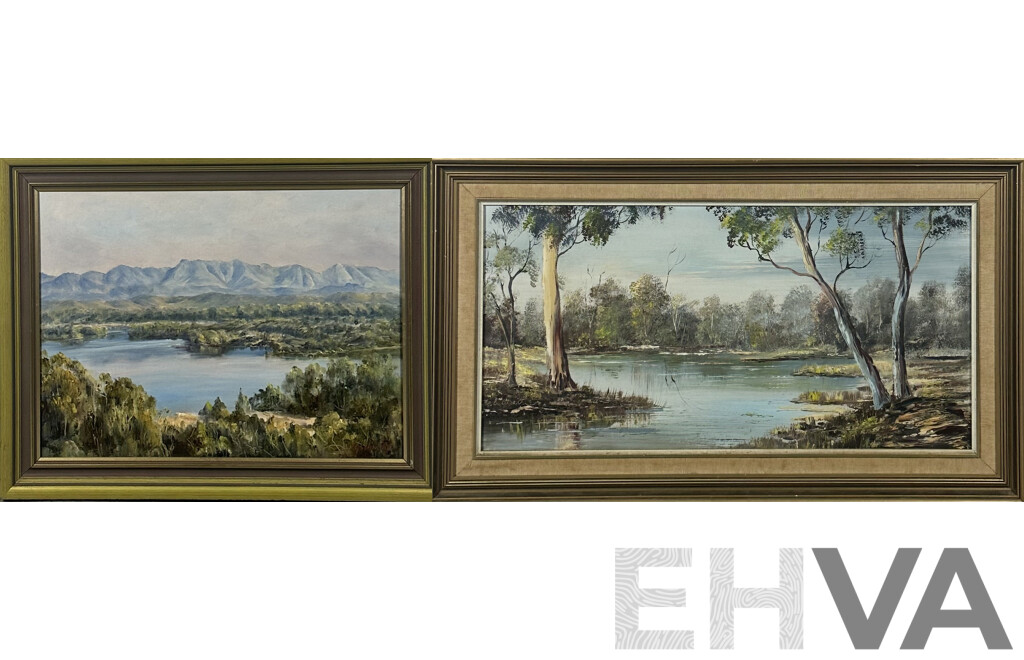 E. Beattie and N.G, Swend, (20th Century, Dates Unknown), Wonderful Pair of Vintage Landscapes Featuring Water, Oil on Canvas and on Board, 49 x 82 cm (frame;Beattie) (2)