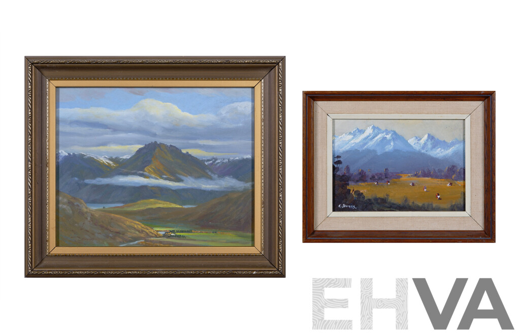 E. J. Thomas, (20th Century, New Zealander, Working c1980s), Bayonet Peaks and Mitre Peak, New Zealand, Pair of Oil on Boards, 29 x 34 cm (largest frame) (2)