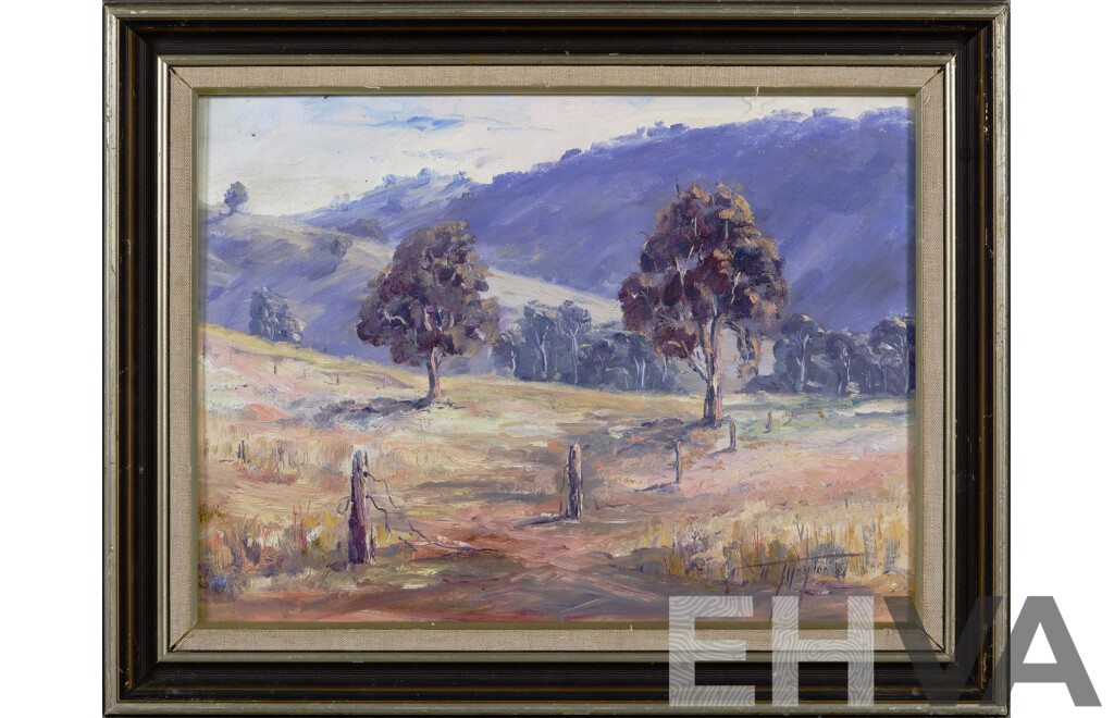 Geoff Naylor, (20th Century, Australian, Currently Active), Back Paddock (1986), Oil on Canvas Board, Signed and Dated, Exhibition of Artist Currently Underway at Kyeema Gallery, 39 x 50 cm (frame)