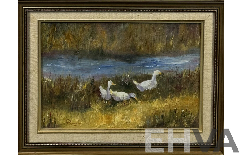 Pamela Carruthers, (20th Century), At the Fourth - Ducks by the Water, Vintage Oil on Canvas, 35 x 46 cm (frame)
