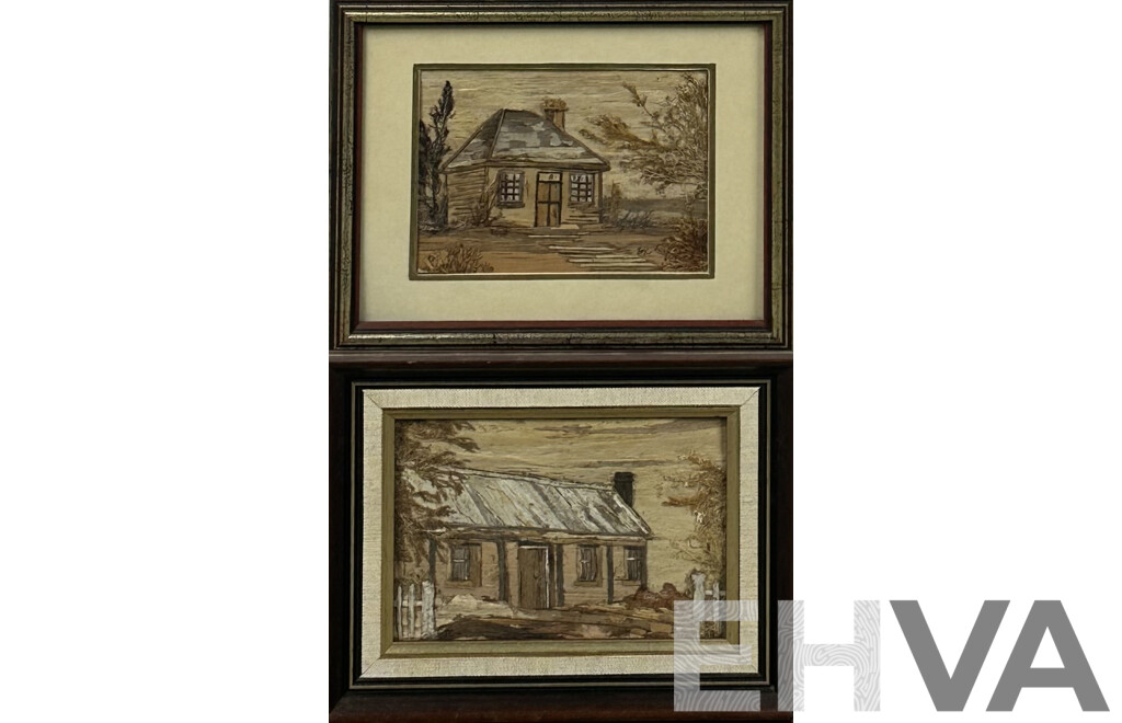Joan Coates (20th Century, Australian), Humble Cottage & Early Tasmanian Cottage, Pair of Unique Tasmanian Bark & Seaweed Bark Art, 18.5 x 23.5 cm (larger frame) (2)