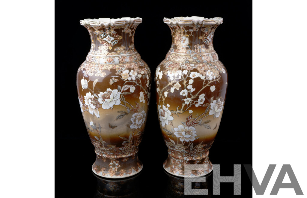 Pair Japanese Hand Decorated Satsuma Porcelain Vases with Avian Theme