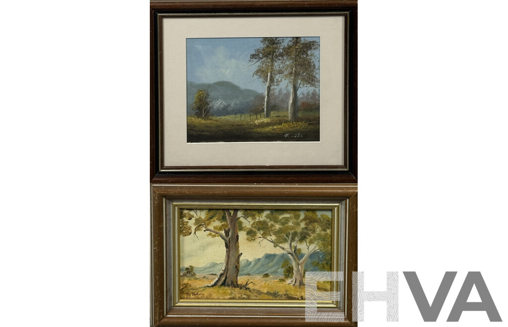 M. Carter & Peg Radburn (20th Century, Australian), Landscape - Gum Trees & Great Flinders Ranges, Lovely Pair of Oils on Canvas, 36 x 40 cm (larger frame) (2)