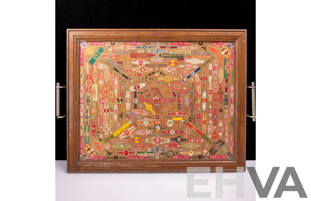 Vintage Wooden Serving Tray with Collection of Cigar Labels Under Glass