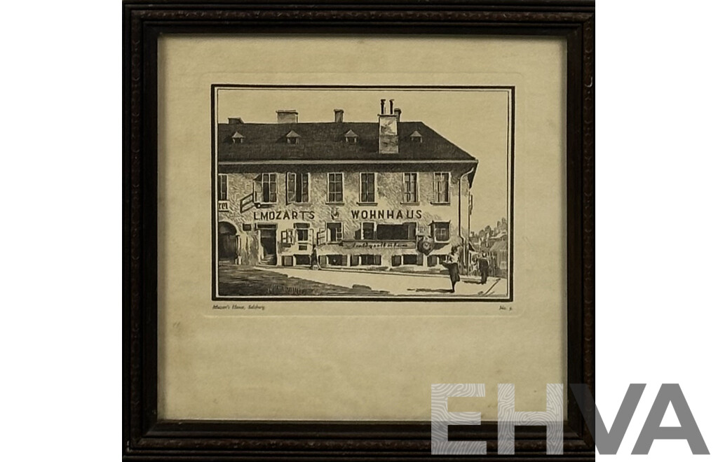 Artist Unknown, Mozart's Wohnhaus, Salzburg, Vintage Print of Original Etching, 27 x 27 cm (frame)