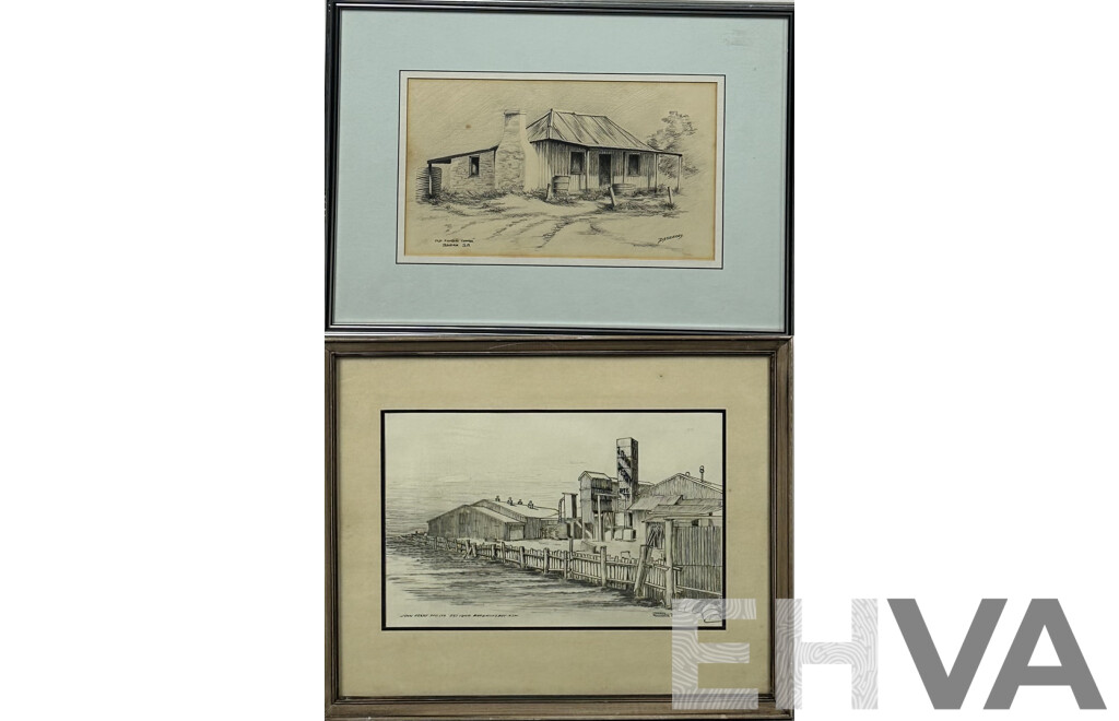 Lindsay Richards (20th C, Australian), John Perry Pty Ltd, Batemans Bay (1981), Ink & D.J. Cleverely, (20th C, Australian, Old Pioneer's Cottage, SA, Pencil Sketch, 37 x 50 cm (larger frame) (2)
