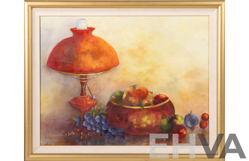 Kerry Tarlinton, (20th Century, Australian), Still Life Lamp with Fruit Bowl, Wonderful Original Oil on Masonite Board, 47 x 59 cm (frame)