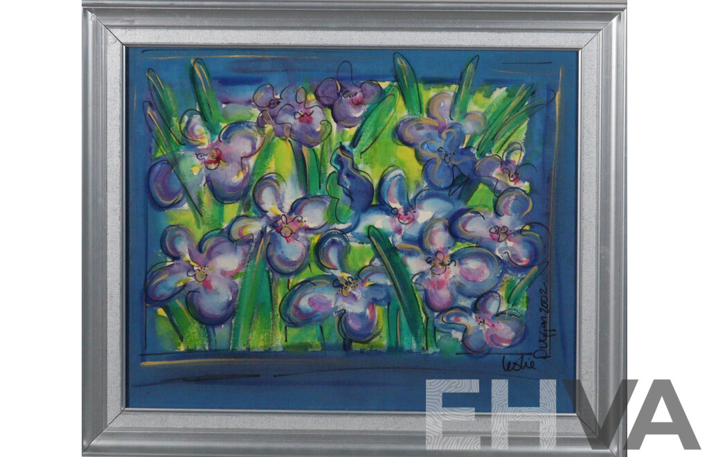 Leslie Duggan, (20th Century, New Zealander), Violet Garden (2002), Original Mixed Media Fabric Paint and Ink on Cloth, 50 x 60 cm (frame)